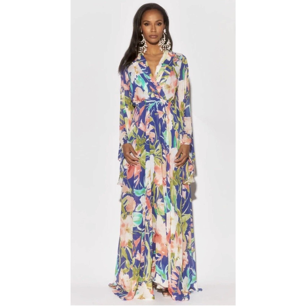 MEGHAN LOS ANGELES ROYAL WATERCOLOR SUNSET MAXI DRESS SIZE L LARGE NWT